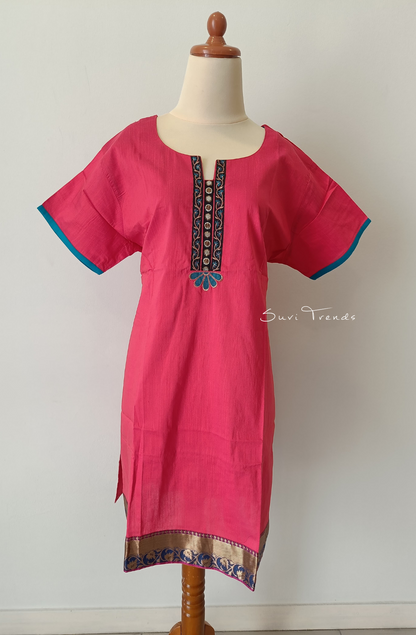 Solid Cotton Straight Kurta with Zari Border - Pink