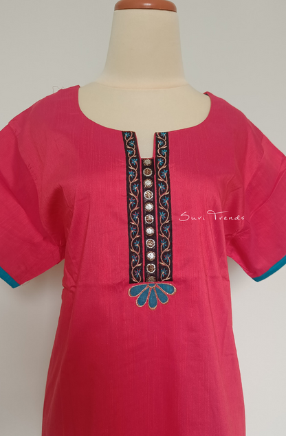Solid Cotton Straight Kurta with Zari Border - Pink