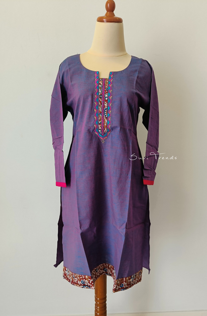 Cotton Straight Kurta with Kalamkari Border - Purple
