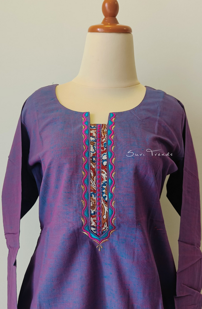 Cotton Straight Kurta with Kalamkari Border - Purple