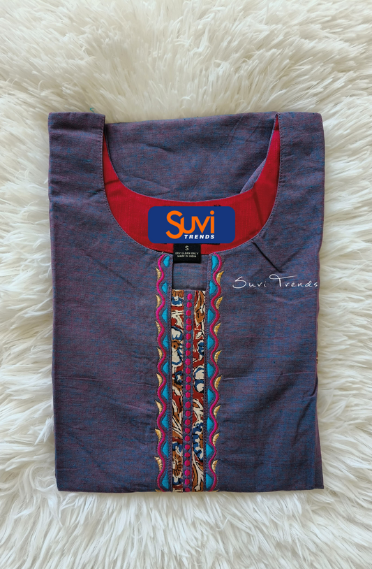 Cotton Straight Kurta with Kalamkari Border - Purple