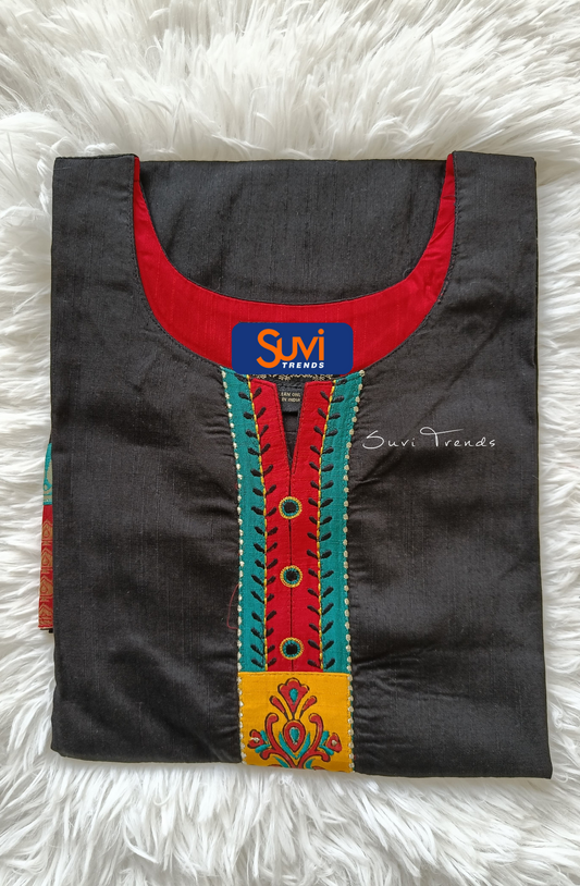 Handblock Print & Thread Embroidered Kurta - Black