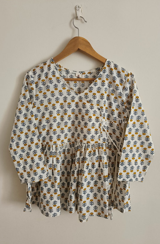 Floral Printed Angrakha Top - White