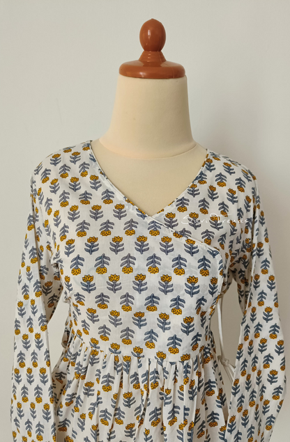 Floral Printed Angrakha Top - White