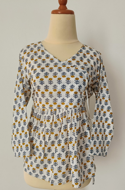 Floral Printed Angrakha Top - White