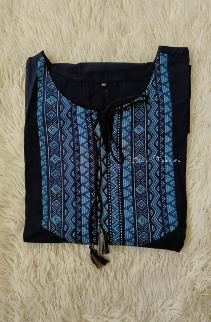 Yoke Printed Designer Top with Tassels - Blue