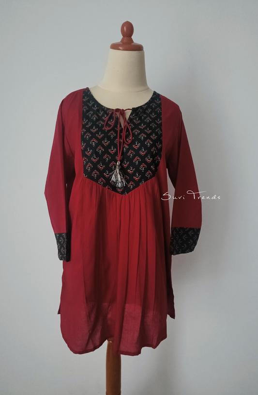 Yoke Printed Designer Top with Tassels - Red