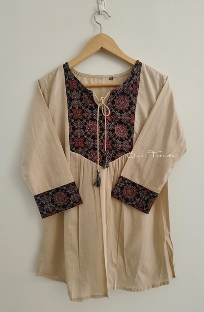 Ajrakh Printed Designer Top with Tassels - Off White