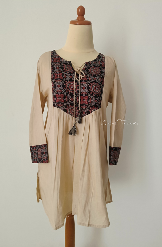 Ajrakh Printed Designer Top with Tassels - Off White