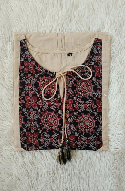 Ajrakh Printed Designer Top with Tassels - Off White