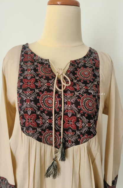 Ajrakh Printed Designer Top with Tassels - Off White