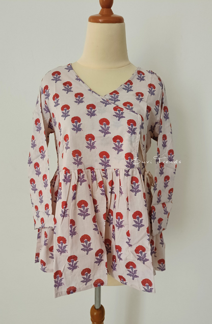 Floral Printed Angrakha Top - Off White