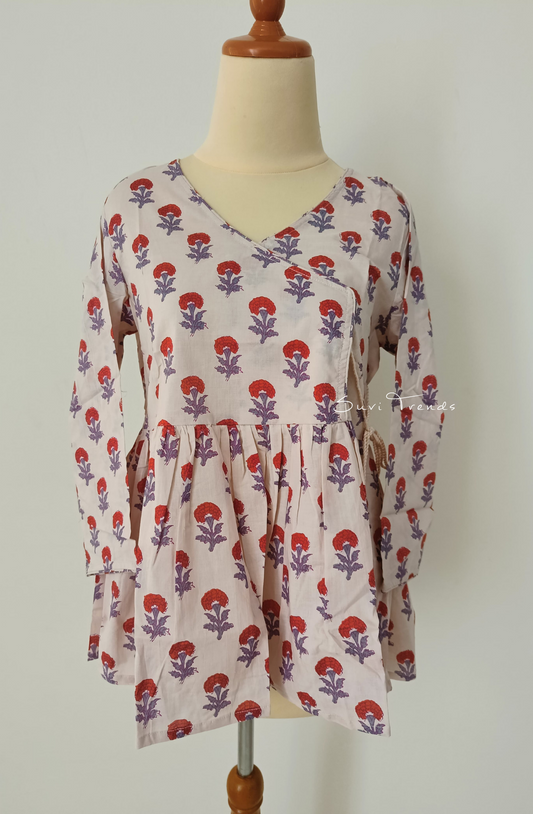 Floral Printed Angrakha Top - Off White