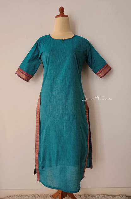 South Cotton Straight Kurta with Zari - Torquoise