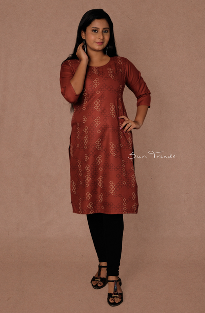 Cotton Printed Straight Kurta - Maroon