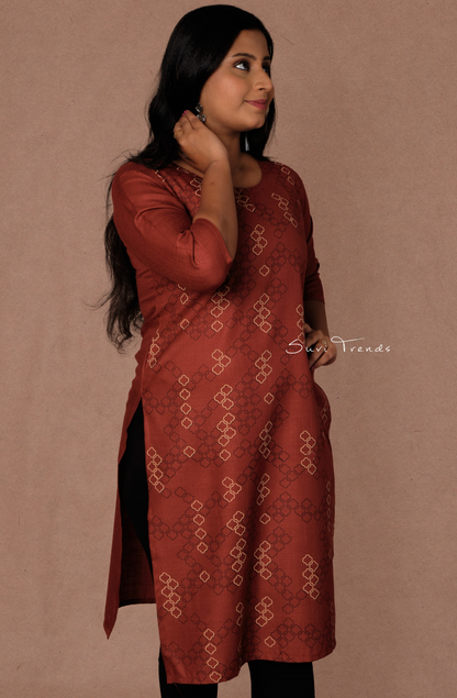 Cotton Printed Straight Kurta - Maroon