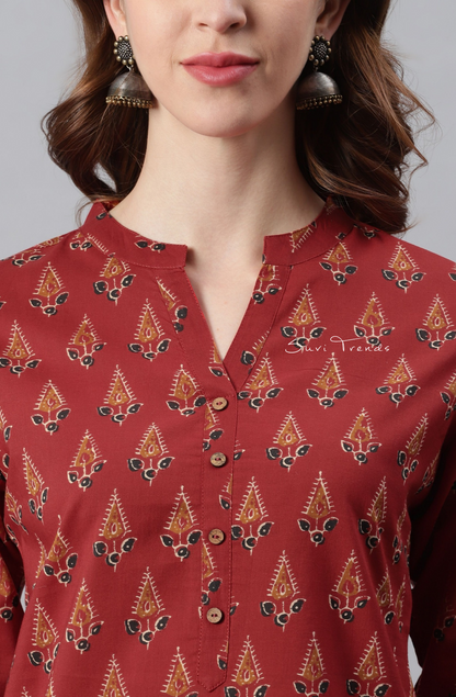 Pure Cotton Ethnic Motif Straight Kurti - Red