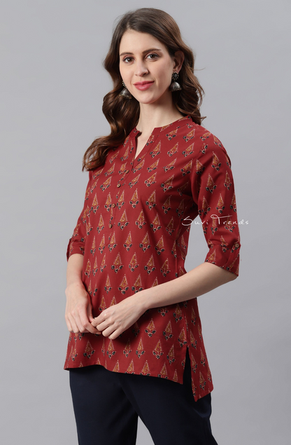 Pure Cotton Ethnic Motif Straight Kurti - Red