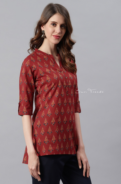 Pure Cotton Ethnic Motif Straight Kurti - Red