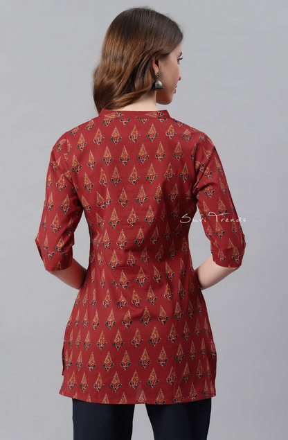 Pure Cotton Ethnic Motif Straight Kurti - Red