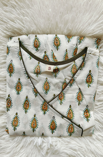 Floral Printed Angrakha Kurti - White