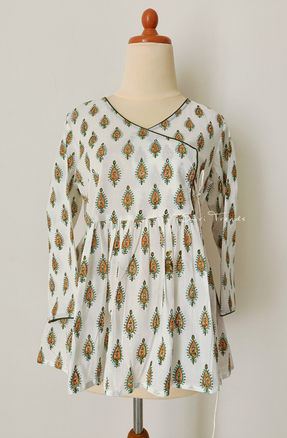Floral Printed Angrakha Kurti - White