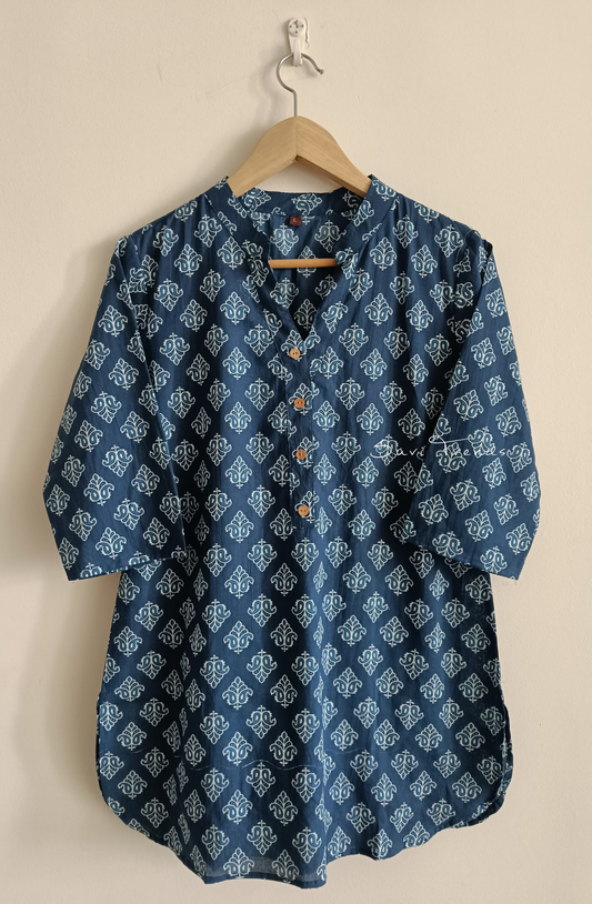 Block Printed Cotton Kurti - Navy Blue