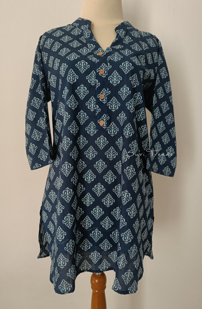 Block Printed Cotton Kurti - Navy Blue