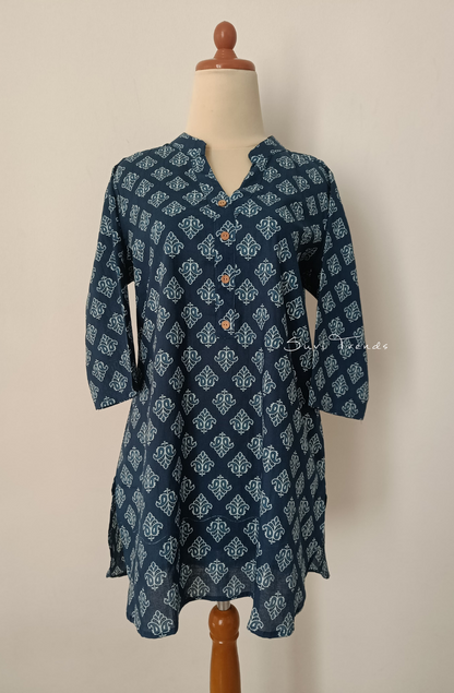 Block Printed Cotton Kurti - Navy Blue
