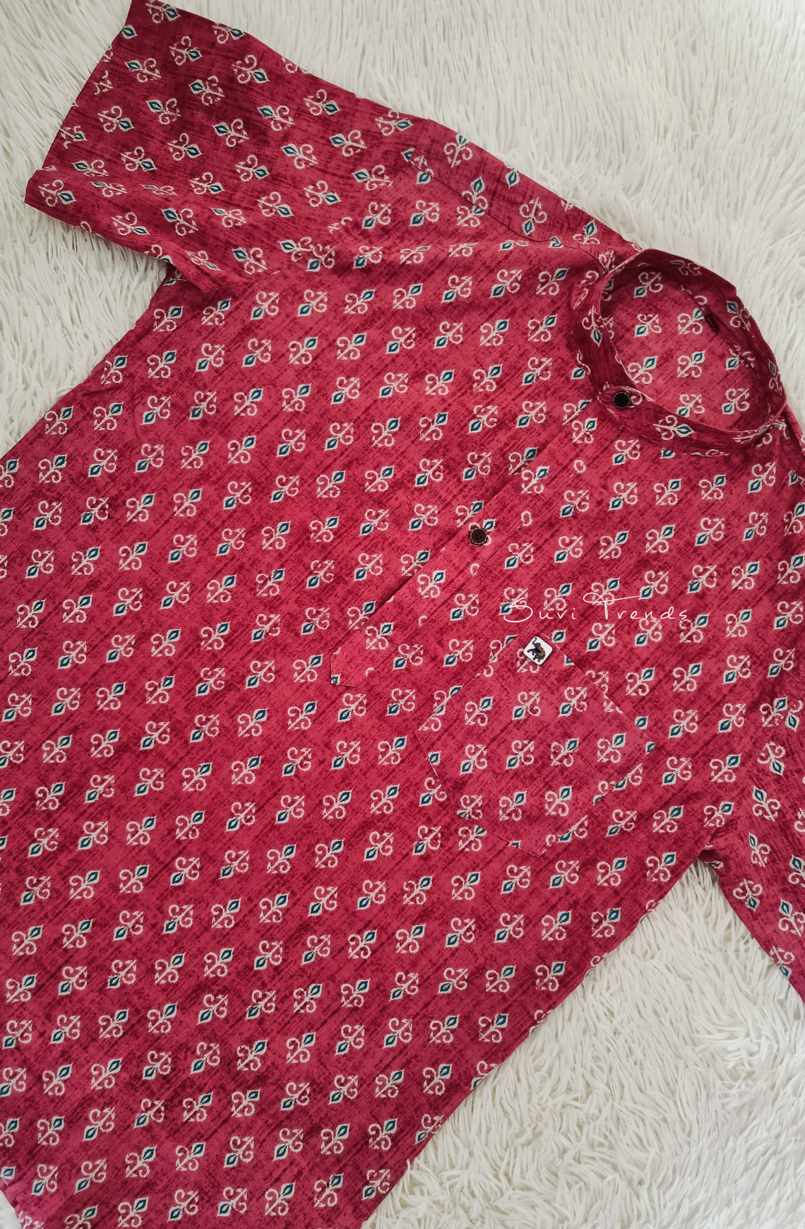 Men's Floral Printed Half Kurta - Red