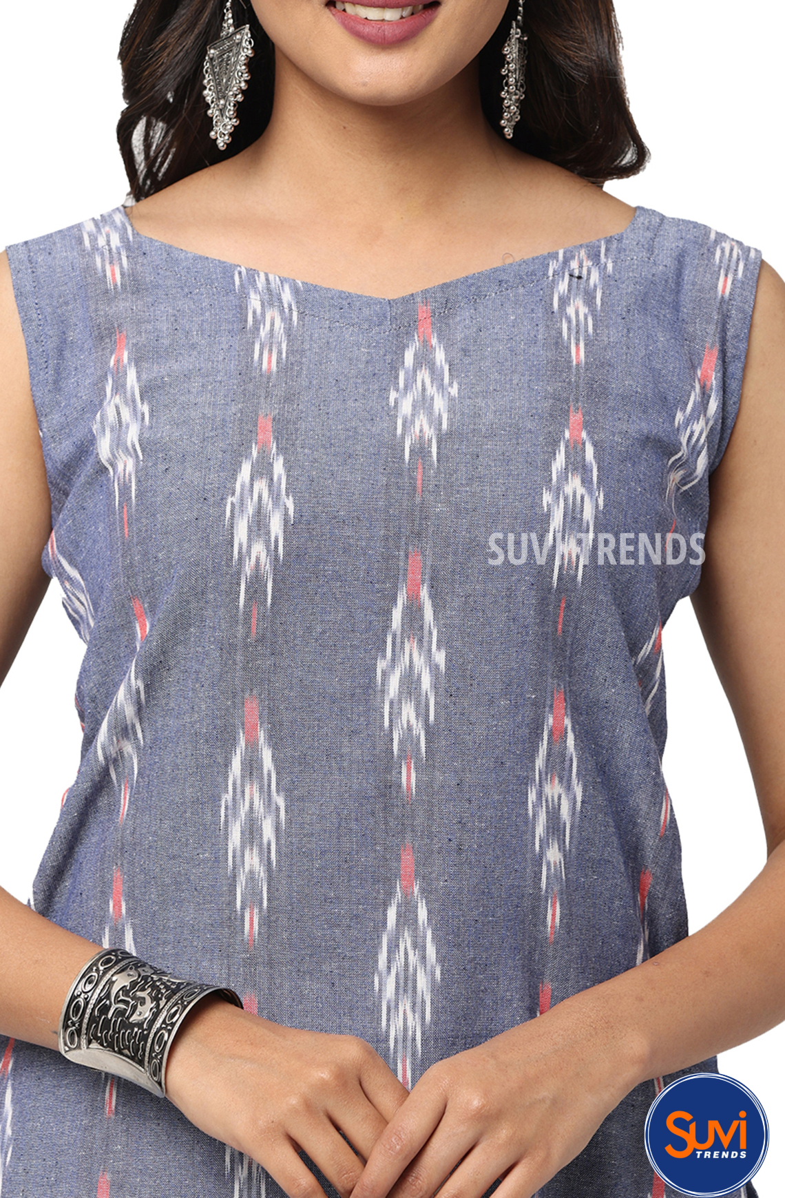 Light Blue 3/4th Sleeve Attached Ikat Kurta