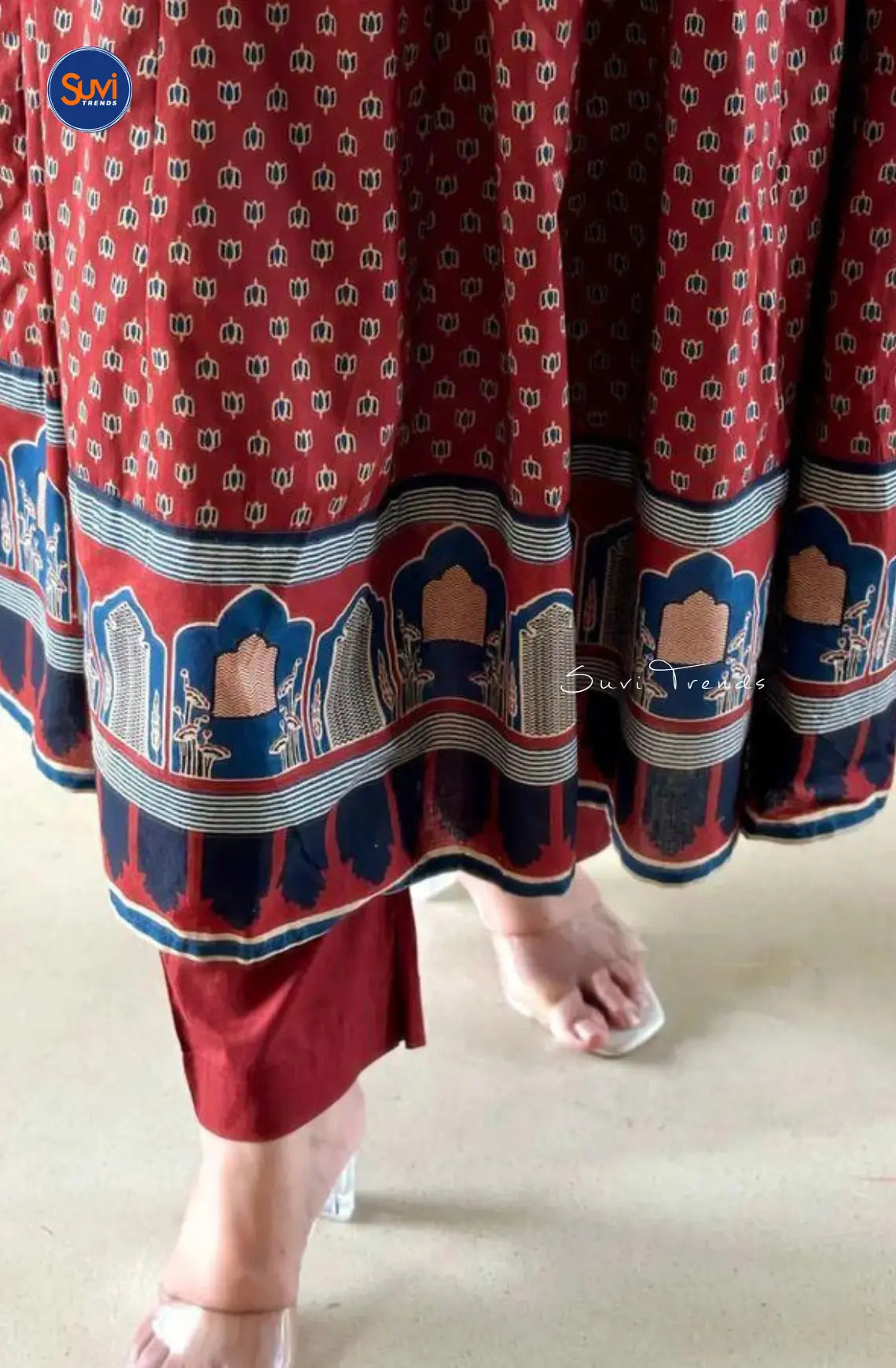 All Over Printed Angrakha Anarkali Set - Maroon