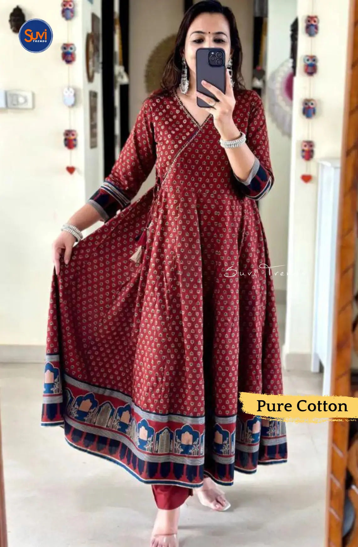 All Over Printed Angrakha Anarkali Set - Maroon