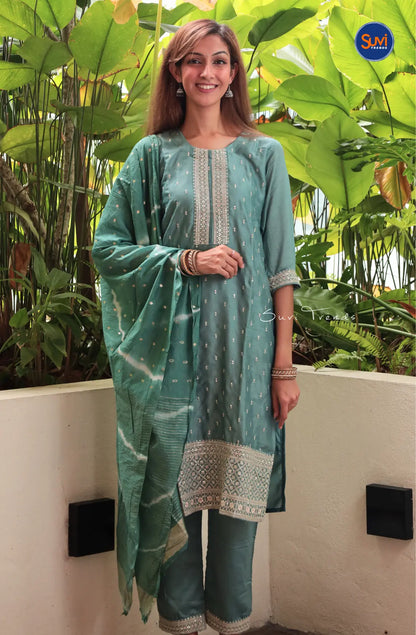 All Over Butta Embroidered Suit Set - Greyish Blue