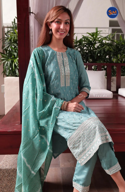 All Over Butta Embroidered Suit Set - Greyish Blue
