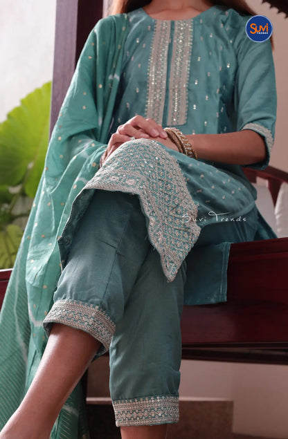 All Over Butta Embroidered Suit Set - Greyish Blue