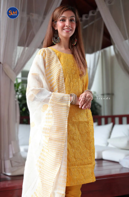 All Over Sequins Embroidered Suit Set - Yellow