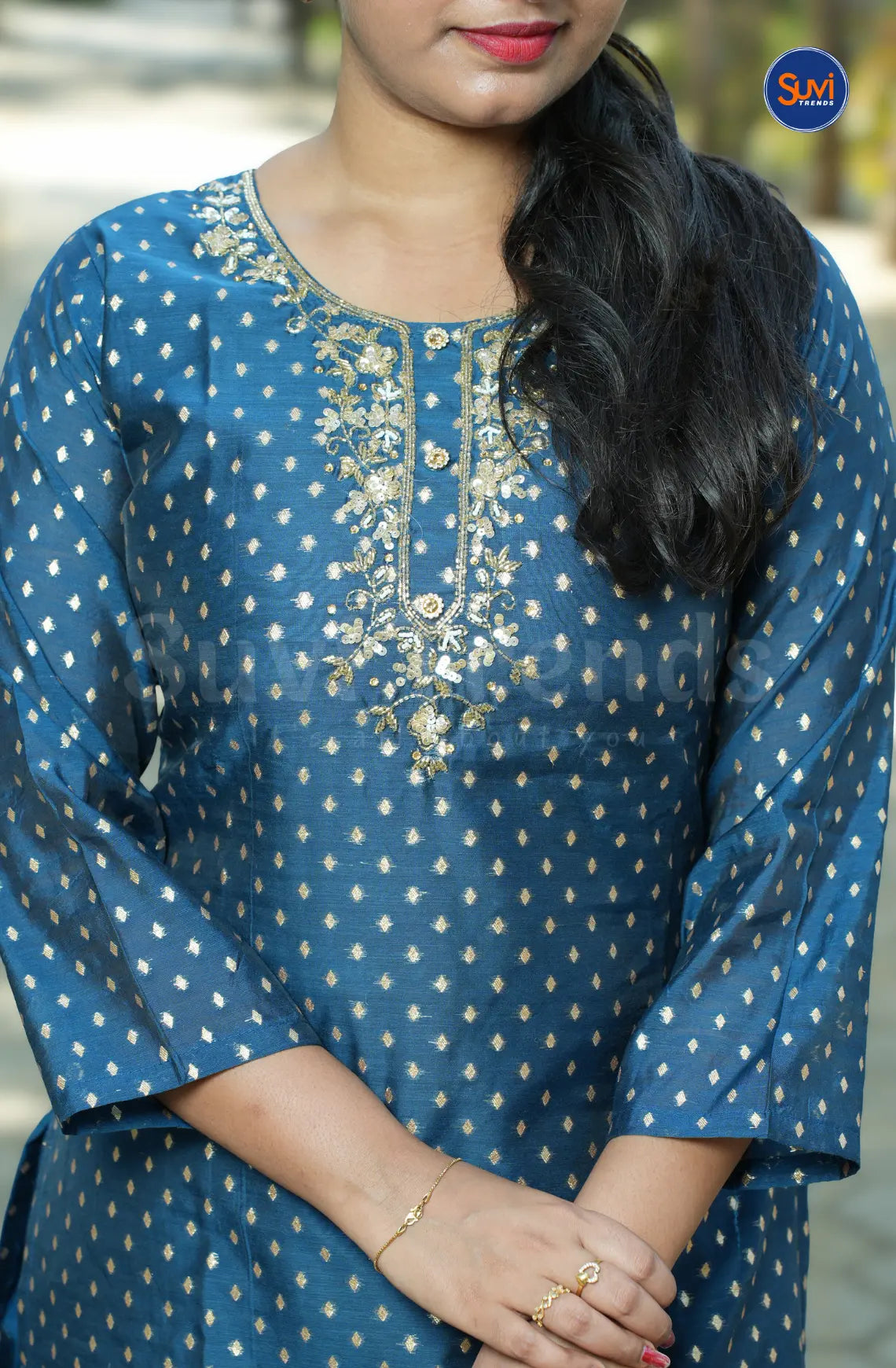 Banarasi Suit Set with Golden Embroidery Work - Navy Blue