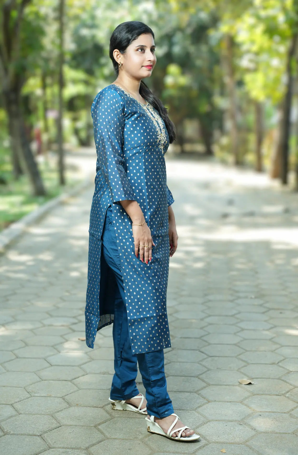 Banarasi Suit Set with Golden Embroidery Work - Navy Blue