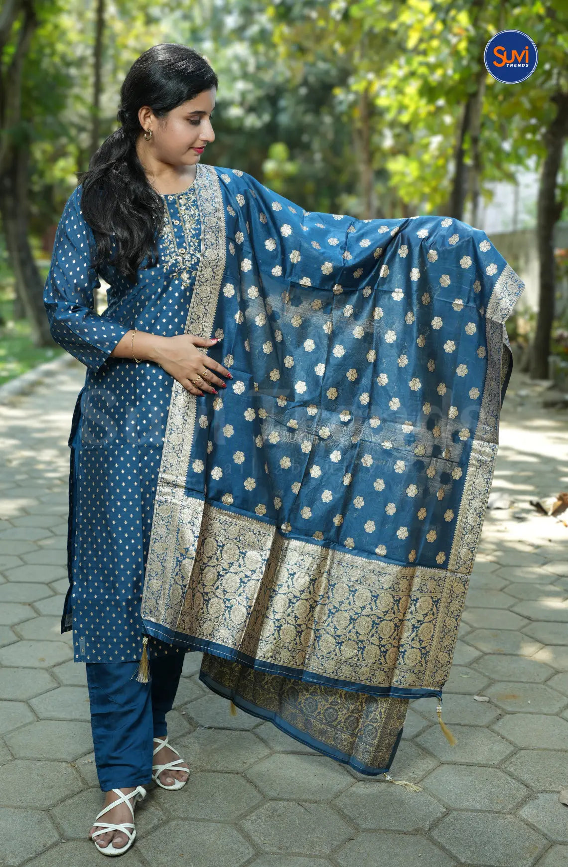 Banarasi Suit Set with Golden Embroidery Work - Navy Blue