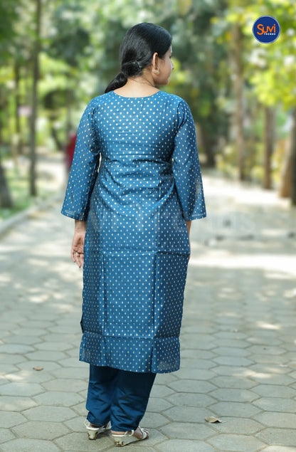 Banarasi Suit Set with Golden Embroidery Work - Navy Blue