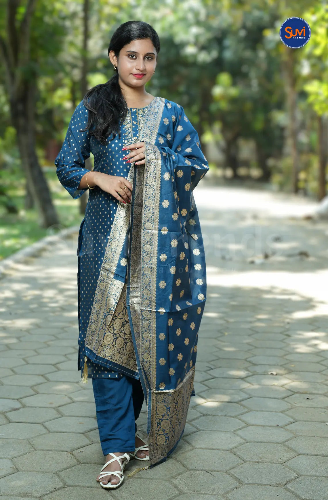 Banarasi Suit Set with Golden Embroidery Work - Navy Blue