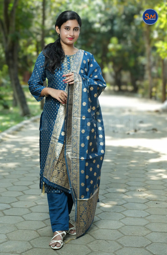 Banarasi Suit Set with Golden Embroidery Work - Navy Blue