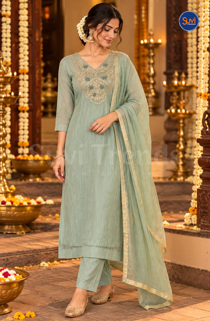 Bead Work Embroidered Suit Set - Sage Green