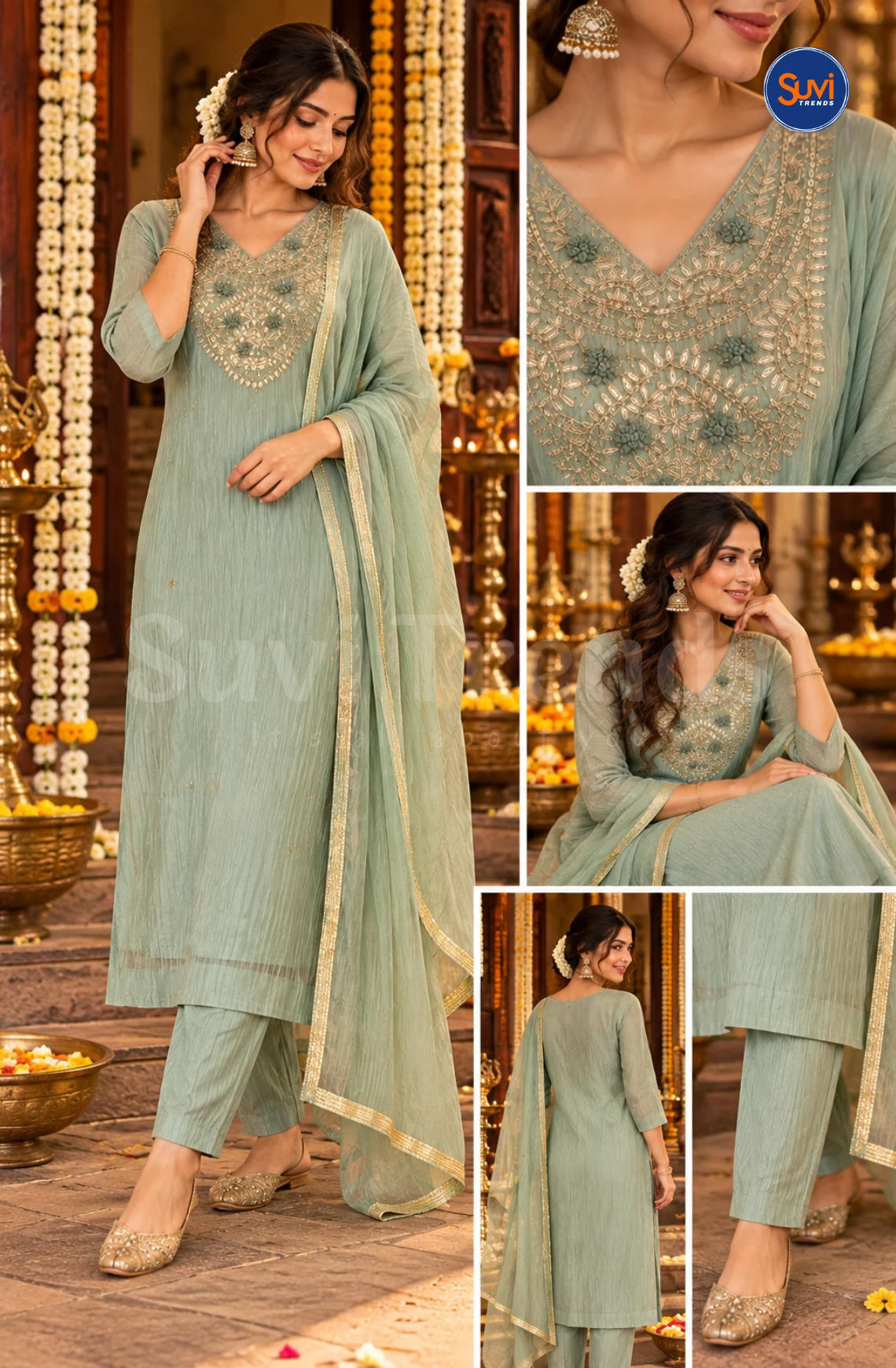 Bead Work Embroidered Suit Set - Sage Green