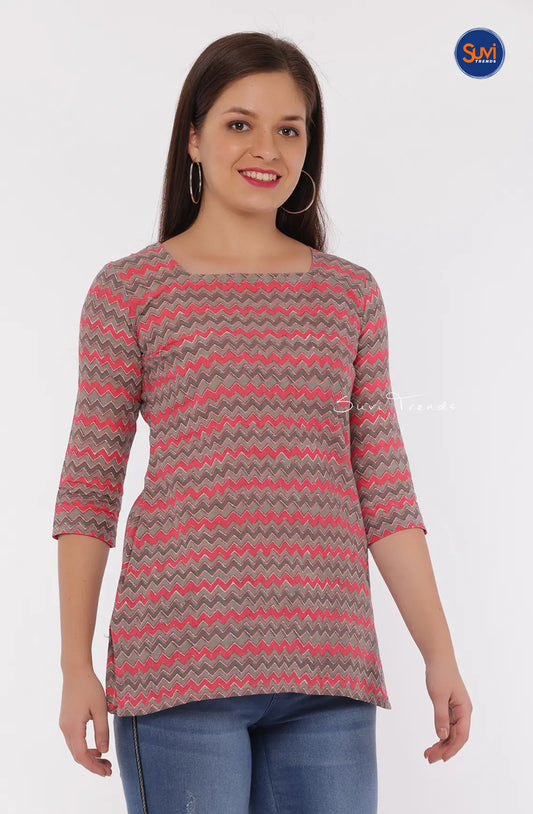 Chevron Printed Short Top - Pink & Grey