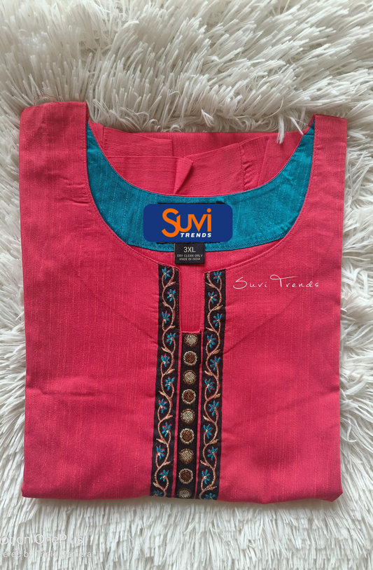 Solid Cotton Straight Kurta with Zari Border - Pink