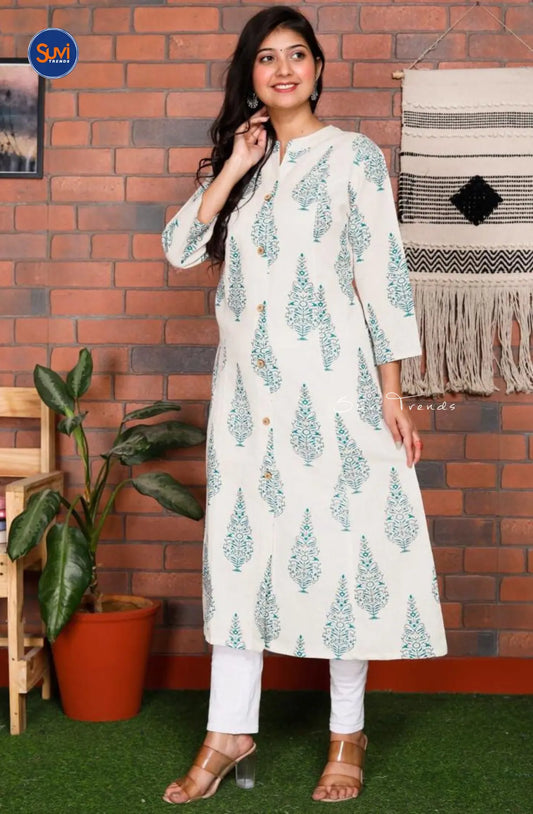 Cotton A-Line Flex Kurti - White & Turquoise
