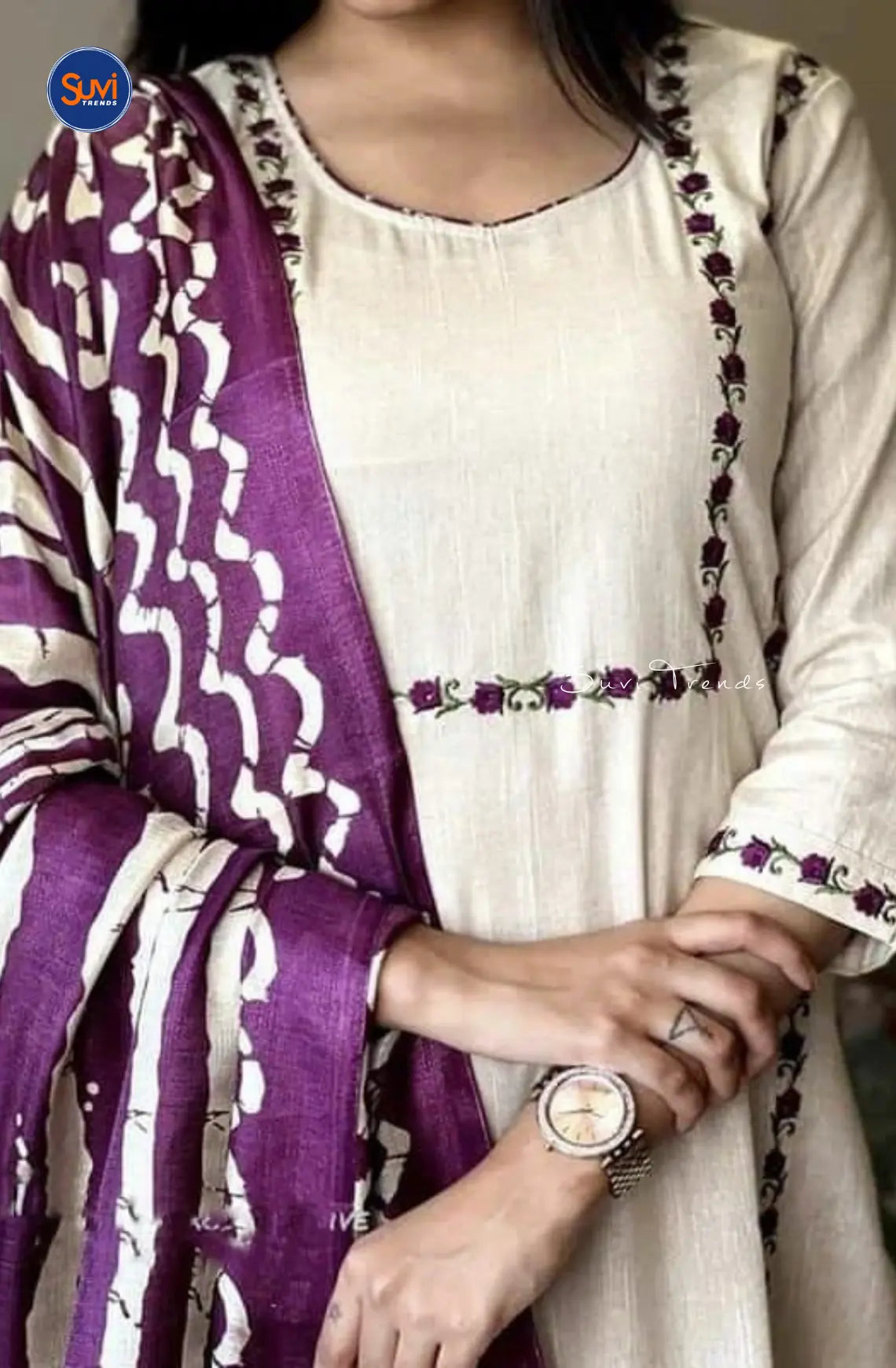 Cotton Embroidered Suit Set with Purple Dupatta - Off White