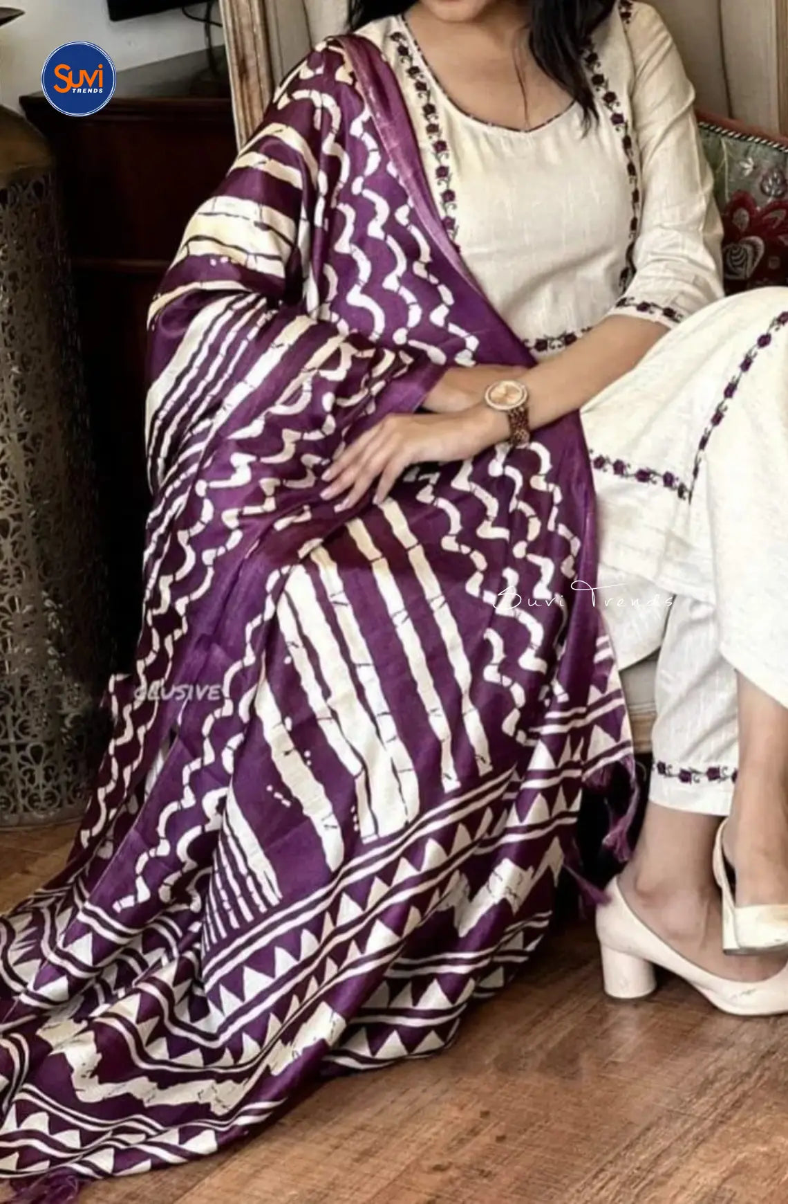 Cotton Embroidered Suit Set with Purple Dupatta - Off White
